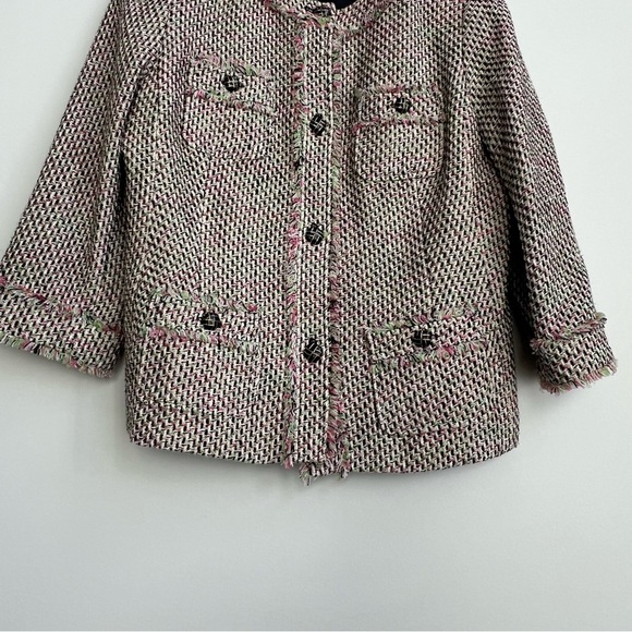 Talbots Jacket 10 Pink Green Neon Tweed Fringe Button Up Fray Edges Lined Coat - Picture 4 of 11